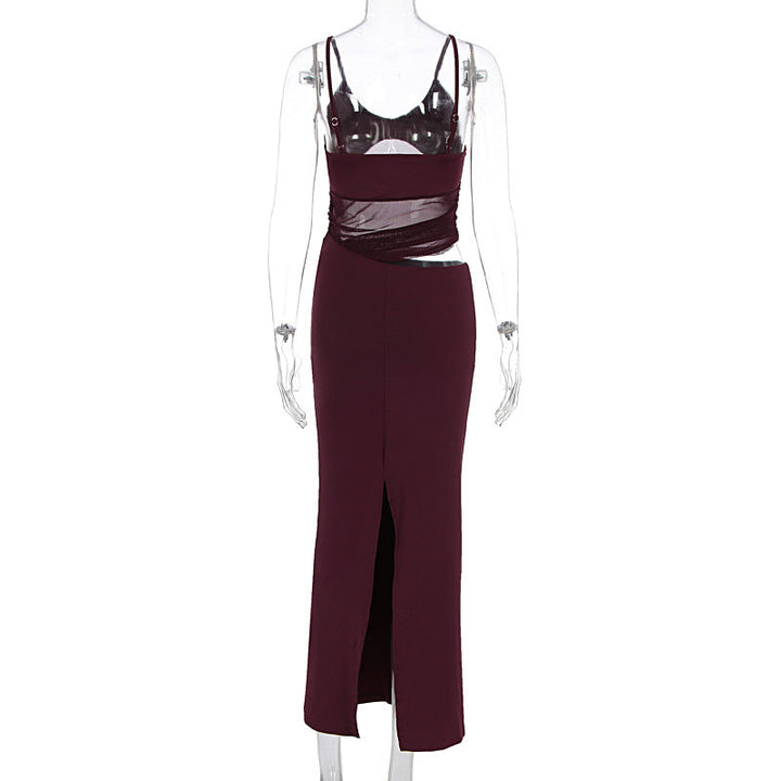Mesh patchwork hollow out cami cut out maxi dress  | Festival Outfits Women