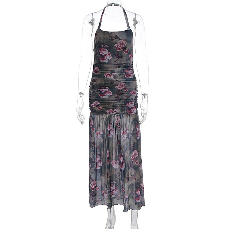 Halter flower print mesh ruched maxi dress  | Festival Outfits Women