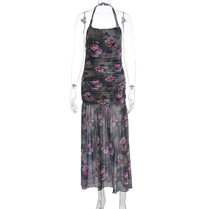 Halter flower print mesh ruched maxi dress  | Festival Outfits Women