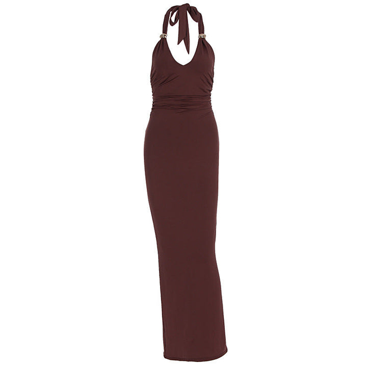 Halter self tie solid ruched v neck maxi dress  | Festival Outfits Women