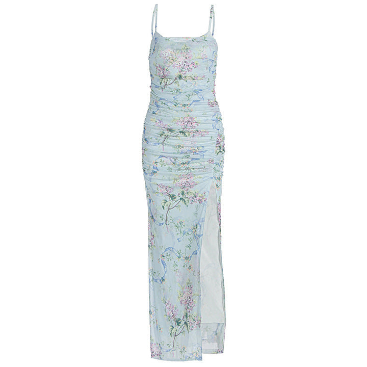 Flower print ruched high slit cami maxi dress  | Festival Outfits Women