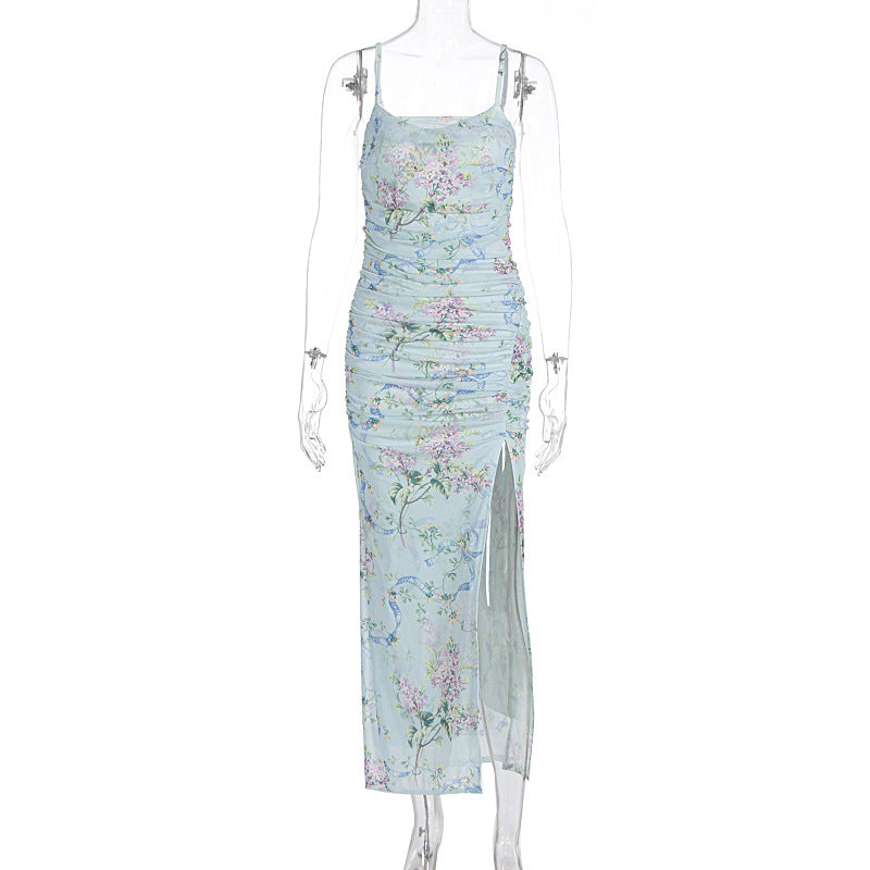 Flower print ruched high slit cami maxi dress  | Festival Outfits Women
