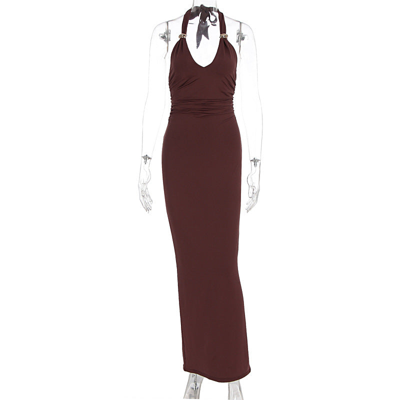 Halter self tie solid ruched v neck maxi dress  | Festival Outfits Women