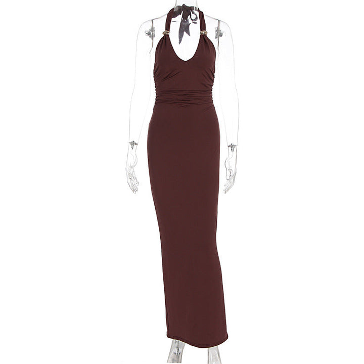 Halter self tie solid ruched v neck maxi dress  | Festival Outfits Women