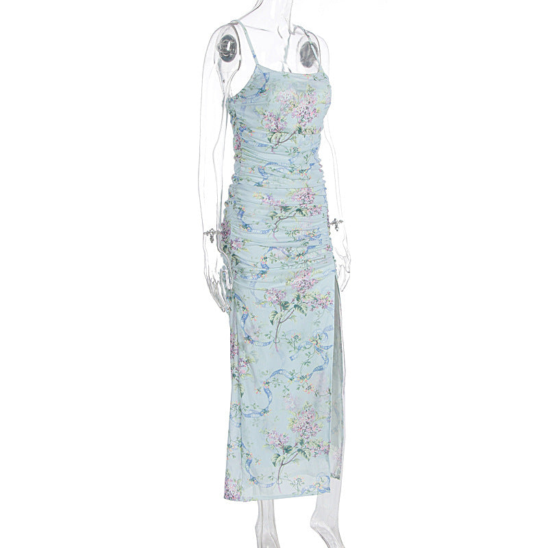Flower print ruched high slit cami maxi dress  | Festival Outfits Women