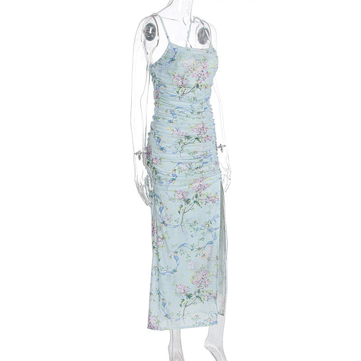 Flower print ruched high slit cami maxi dress  | Festival Outfits Women