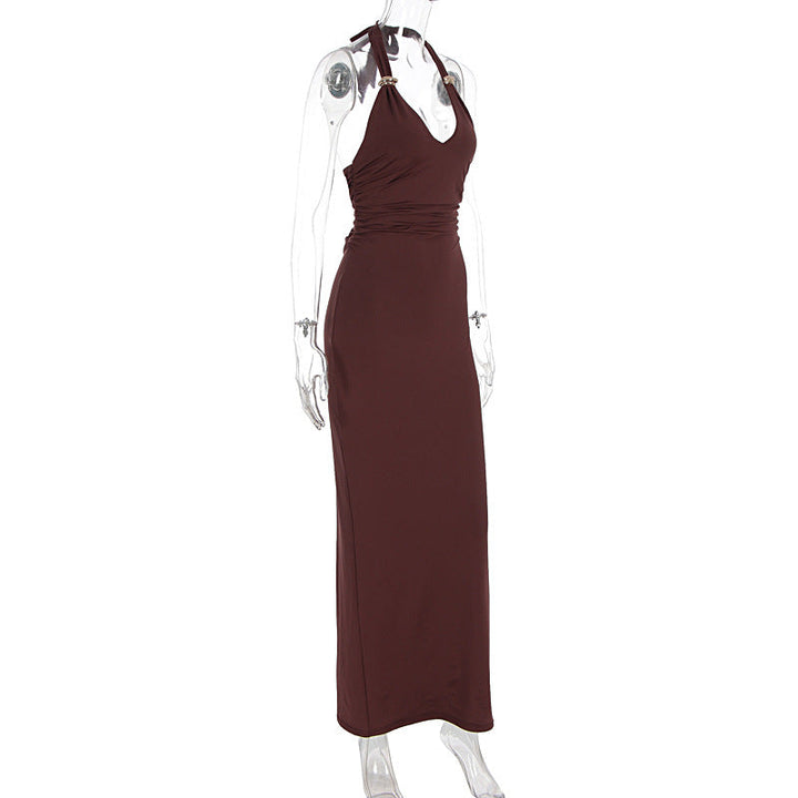 Halter self tie solid ruched v neck maxi dress  | Festival Outfits Women