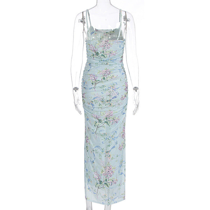 Flower print ruched high slit cami maxi dress  | Festival Outfits Women