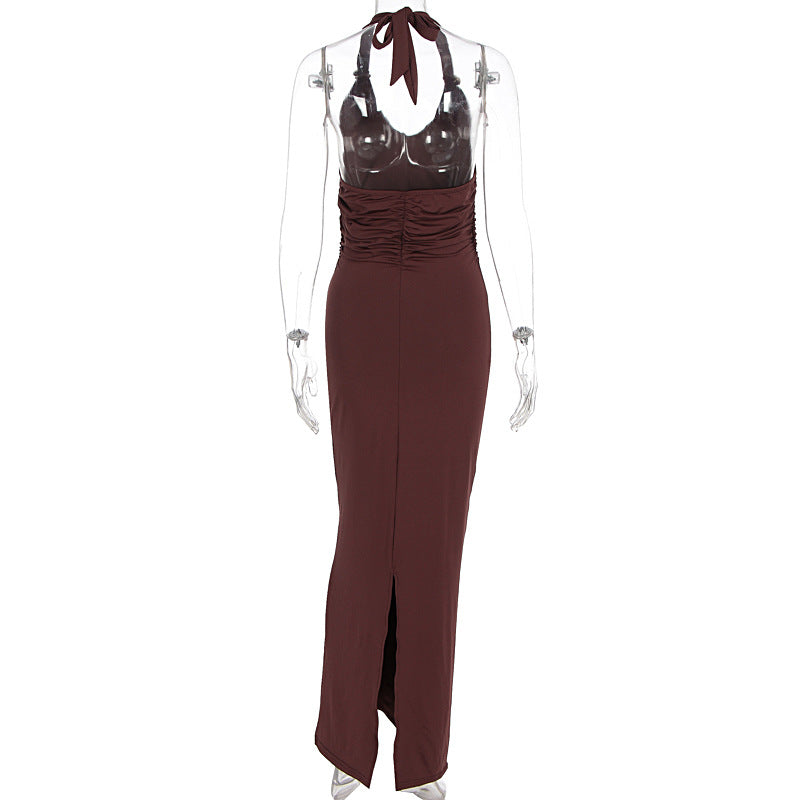 Halter self tie solid ruched v neck maxi dress  | Festival Outfits Women