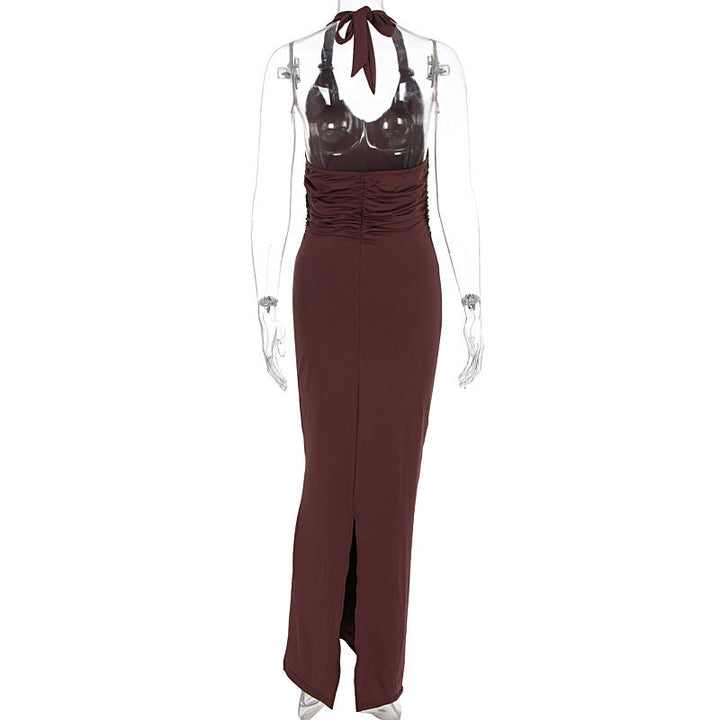 Halter self tie solid ruched v neck maxi dress  | Festival Outfits Women