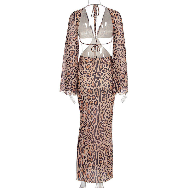 V neck leopard print long sleeve hollow out cut out maxi dress  | Festival Outfits Women