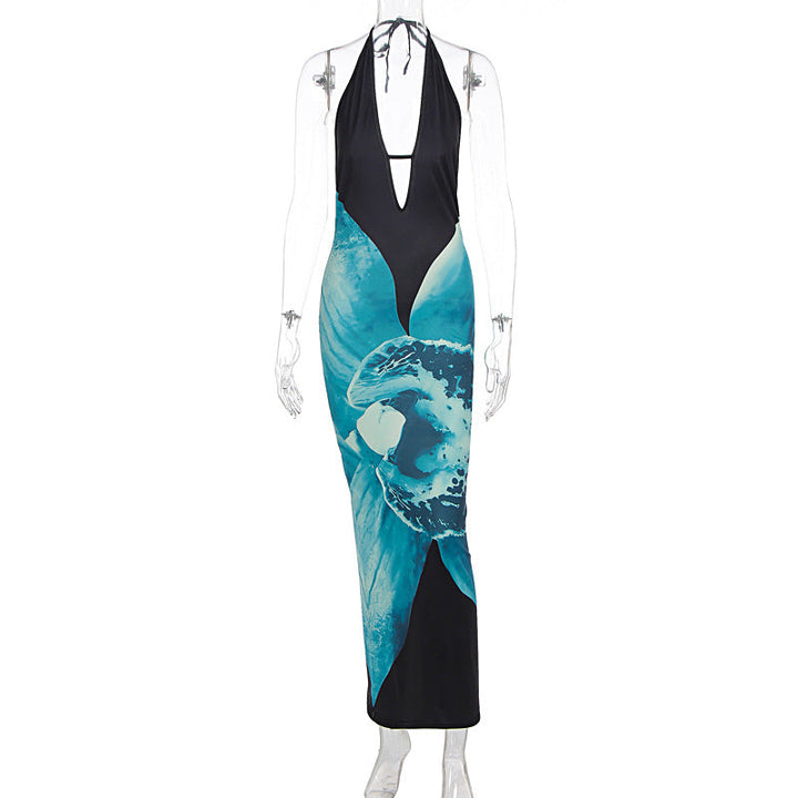 Halter v neck print backless maxi dress  | Festival Outfits Women