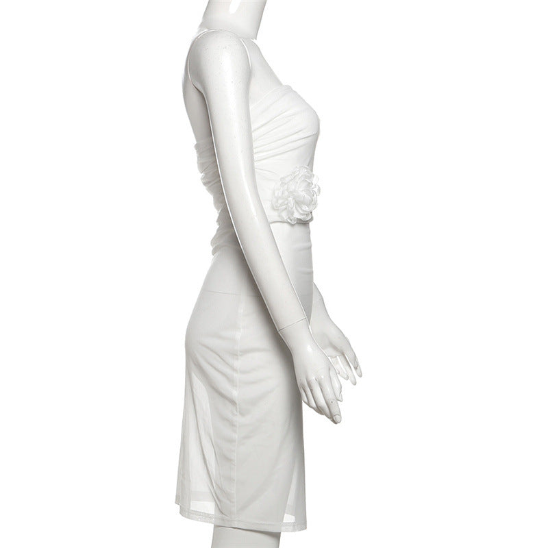 Irregular flower applique mesh ruched mini dress  | Festival Outfits Women-final-sale