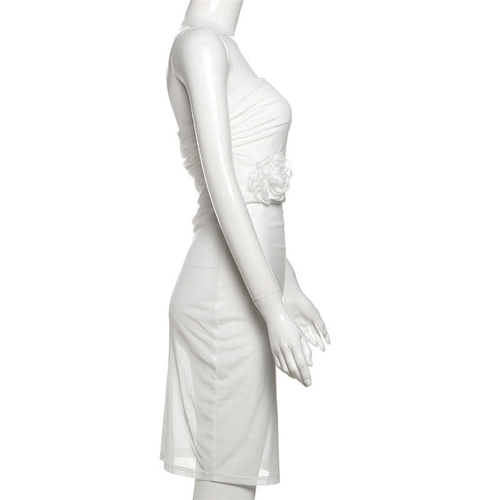 Irregular flower applique mesh ruched mini dress  | Festival Outfits Women-final-sale