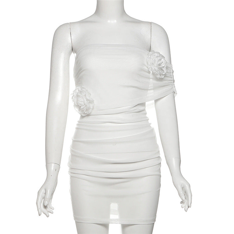 Irregular flower applique mesh ruched mini dress  | Festival Outfits Women-final-sale