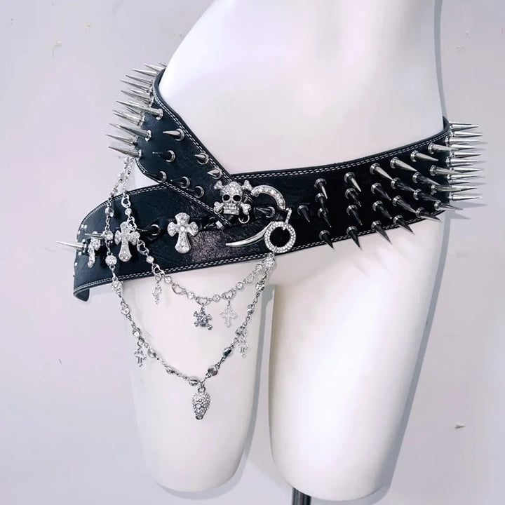 Skull applique rivet metal chain waist belt  | Festival Outfits Women