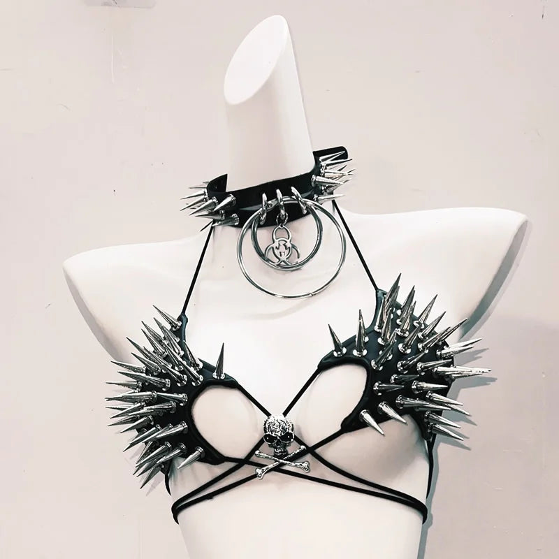 Halter self tie rivet skull applique belt top  | Festival Outfits Women
