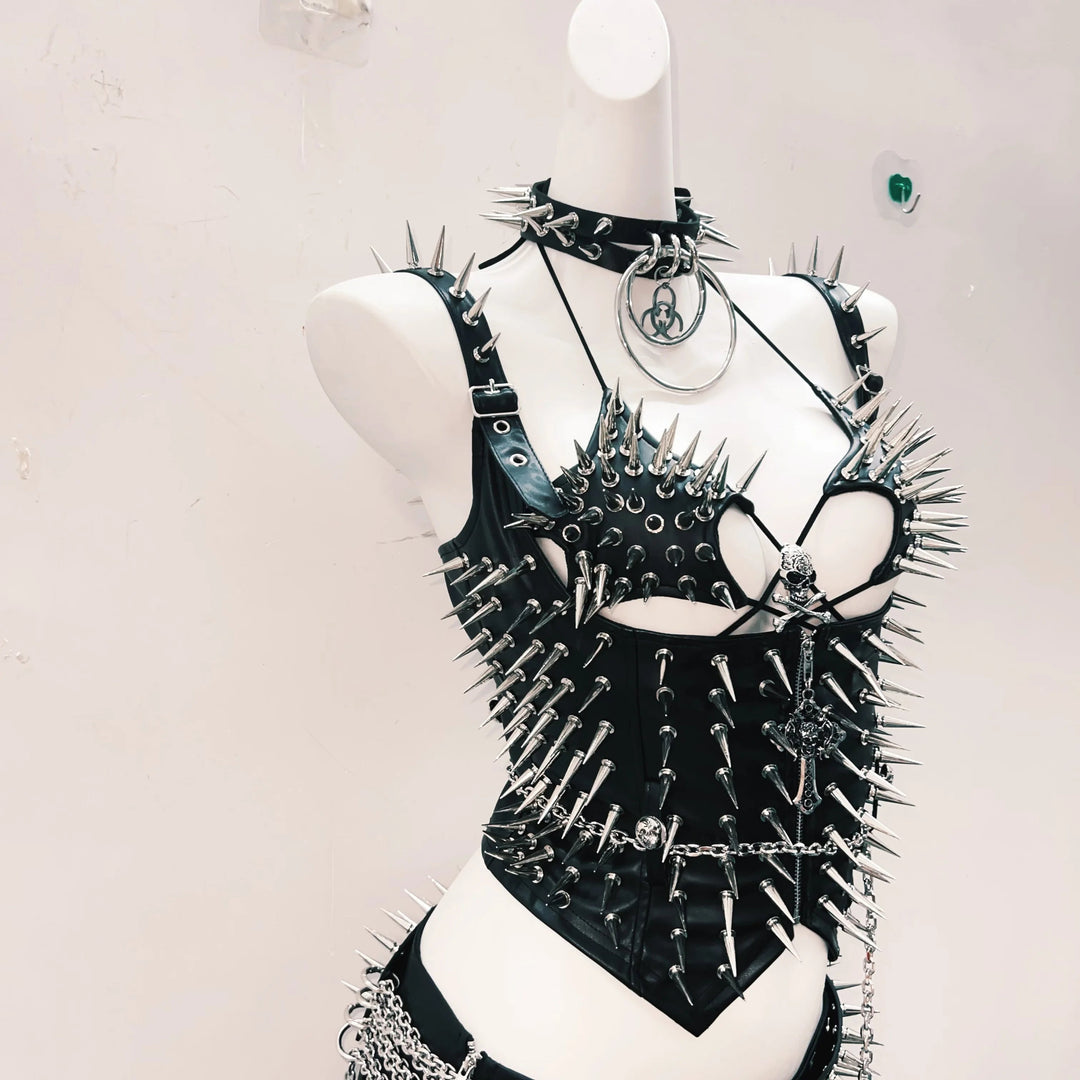 Rivet skull applique halter PU leather mini skirt set Cargo Mini Skirt  | Festival Outfits Women