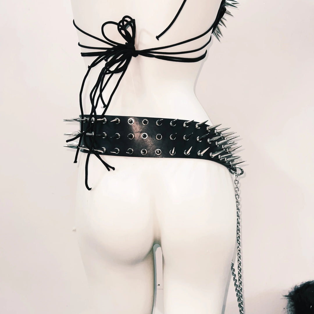 Halter self tie rivet skull applique belt top  | Festival Outfits Women