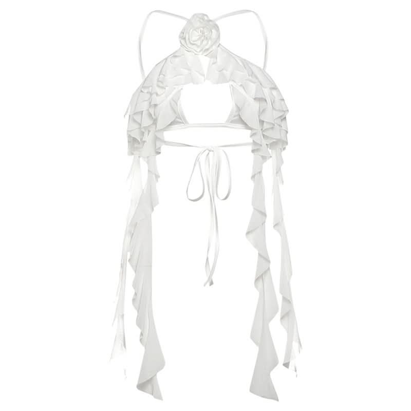 Ruffle flower applique self tie hollow out cut out top  | Festival Outfits Women-final-sale