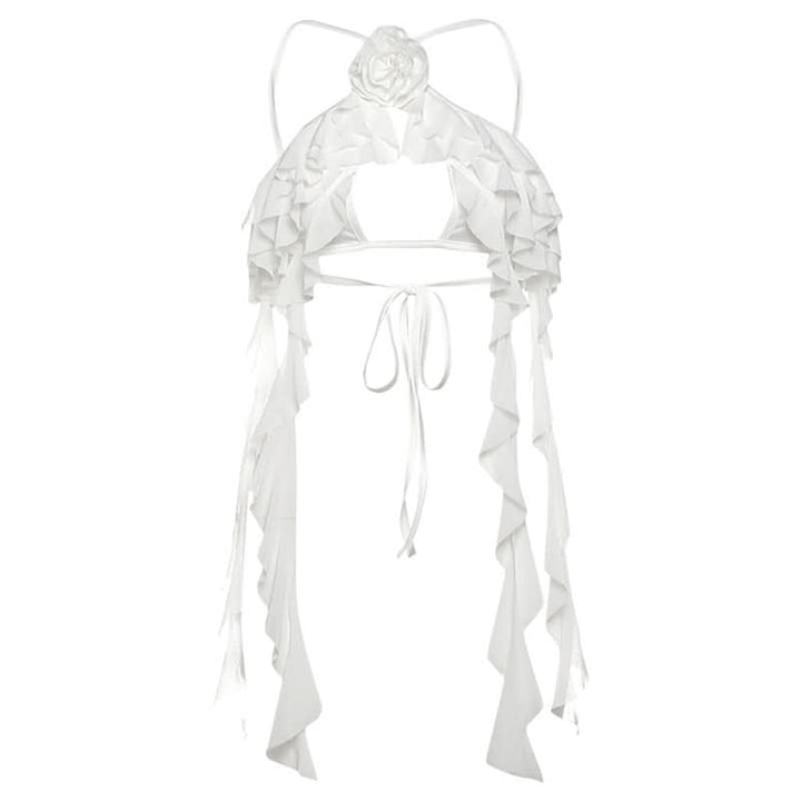 Ruffle flower applique self tie hollow out cut out top  | Festival Outfits Women-final-sale
