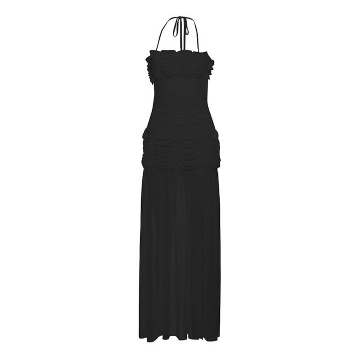 Ruched mesh halter self tie slit maxi dress  | Festival Outfits Women