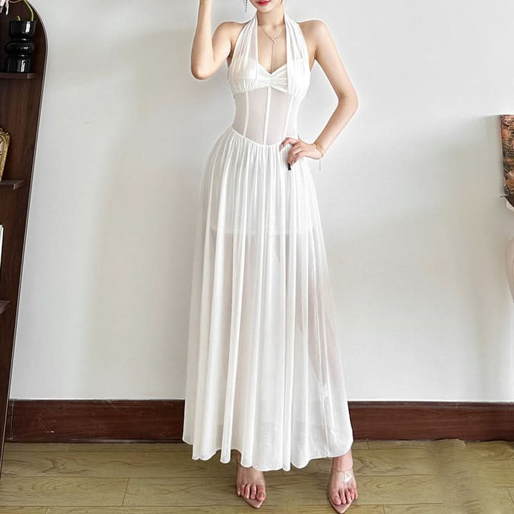 Mesh halter v neck ruched solid maxi dress-final-sale