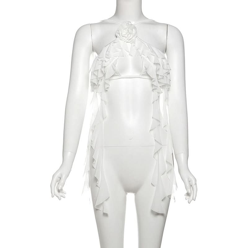 Ruffle flower applique self tie hollow out cut out top  | Festival Outfits Women-final-sale
