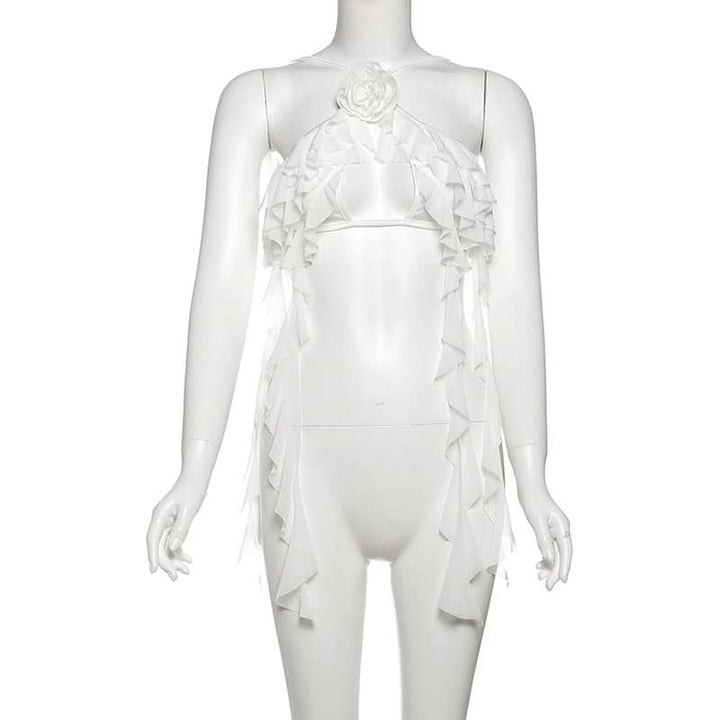Ruffle flower applique self tie hollow out cut out top  | Festival Outfits Women-final-sale