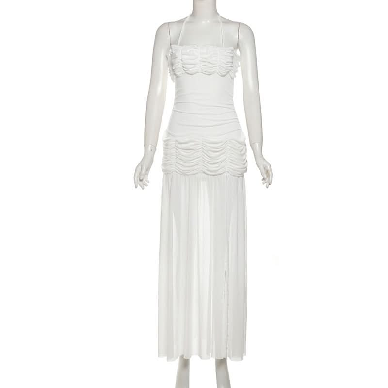 Ruched mesh halter self tie slit maxi dress  | Festival Outfits Women