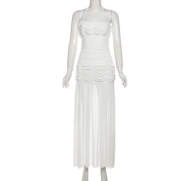 Ruched mesh halter self tie slit maxi dress  | Festival Outfits Women
