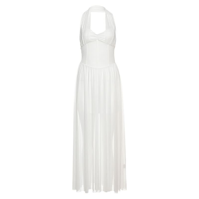 Mesh halter v neck ruched solid maxi dress-final-sale
