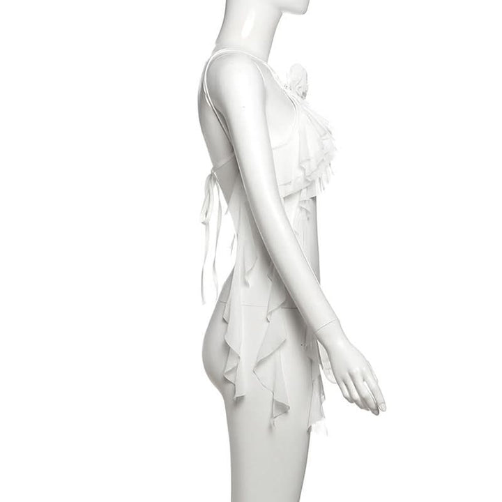 Ruffle flower applique self tie hollow out cut out top  | Festival Outfits Women-final-sale