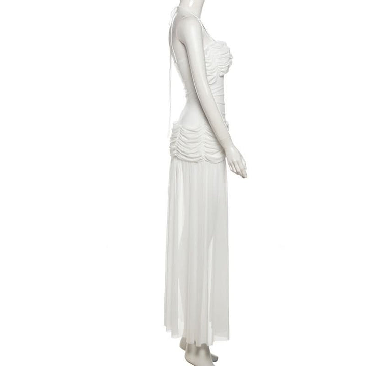 Ruched mesh halter self tie slit maxi dress  | Festival Outfits Women