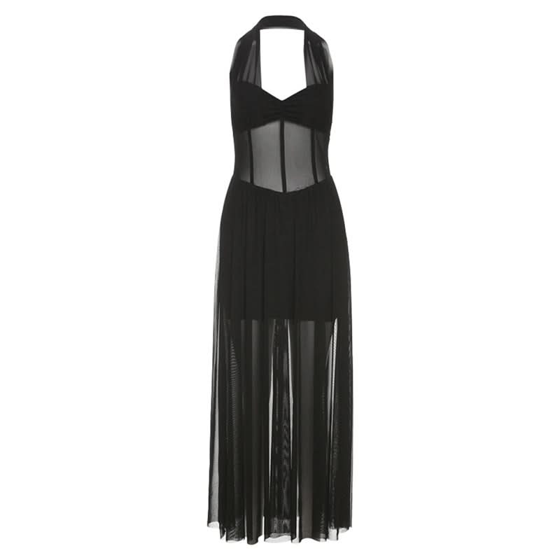 Mesh halter v neck ruched solid maxi dress-final-sale