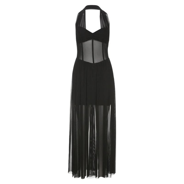 Mesh halter v neck ruched solid maxi dress-final-sale