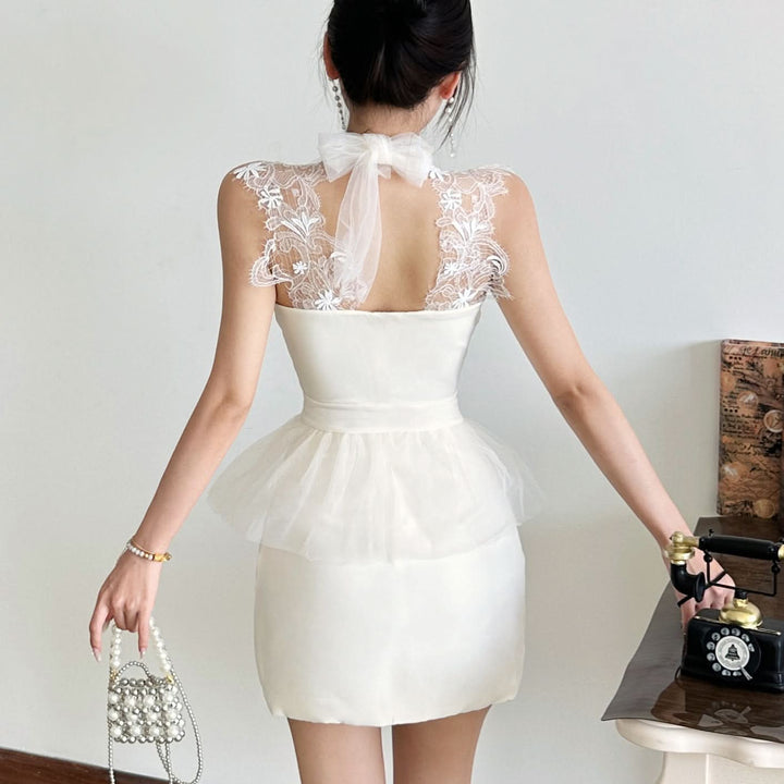 Lace ruched mesh backless mini dress  | Festival Outfits Women