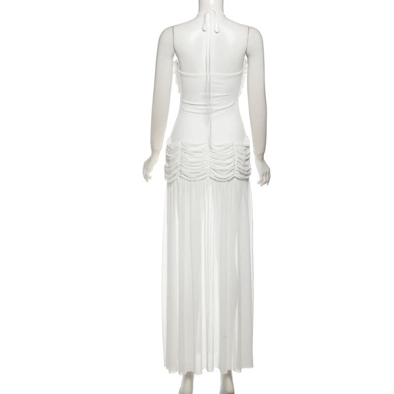 Ruched mesh halter self tie slit maxi dress  | Festival Outfits Women