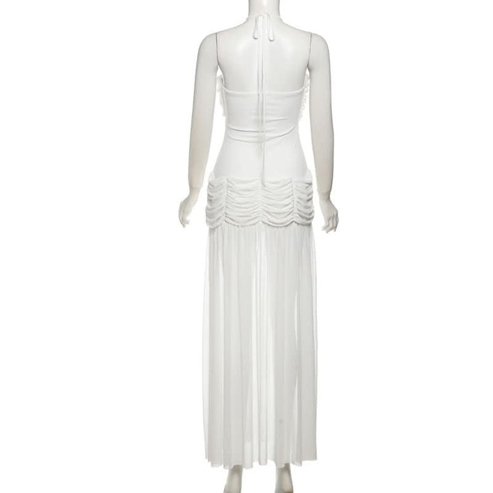 Ruched mesh halter self tie slit maxi dress  | Festival Outfits Women