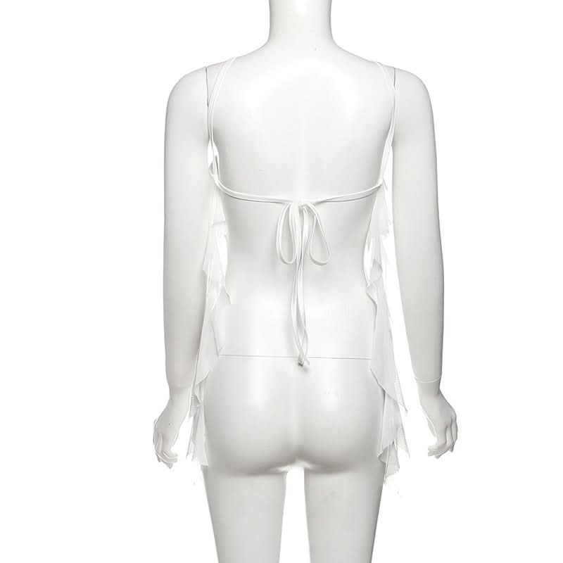 Ruffle flower applique self tie hollow out cut out top  | Festival Outfits Women-final-sale