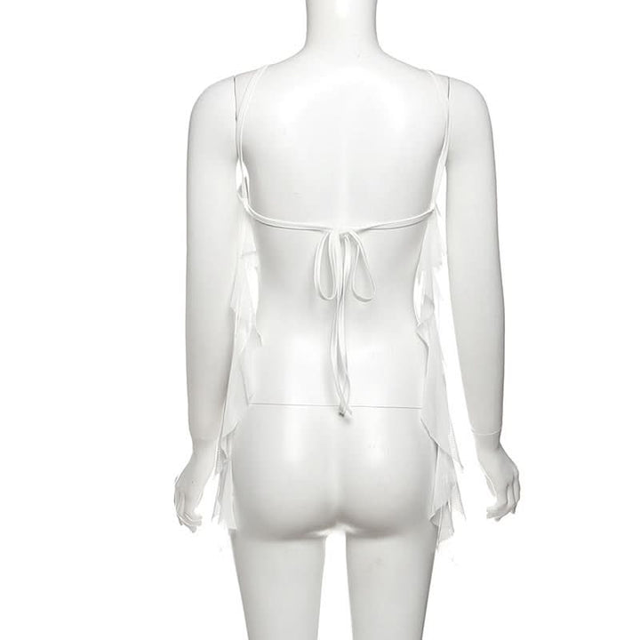Ruffle flower applique self tie hollow out cut out top  | Festival Outfits Women-final-sale
