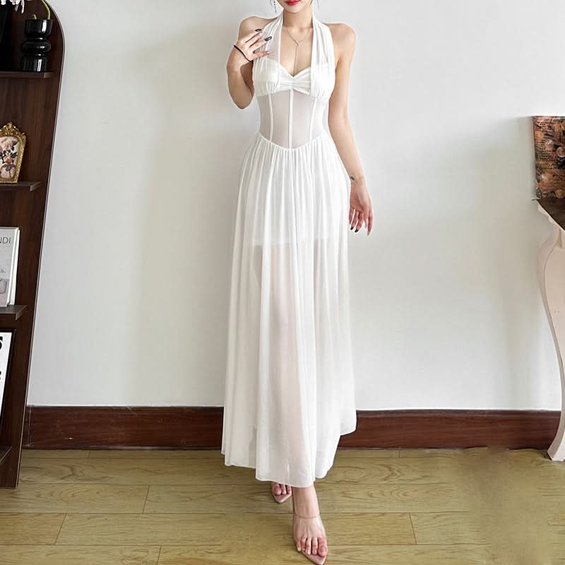 Mesh halter v neck ruched solid maxi dress-final-sale
