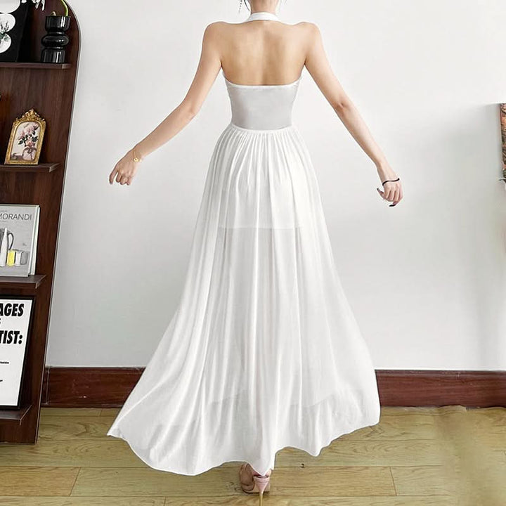 Mesh halter v neck ruched solid maxi dress-final-sale
