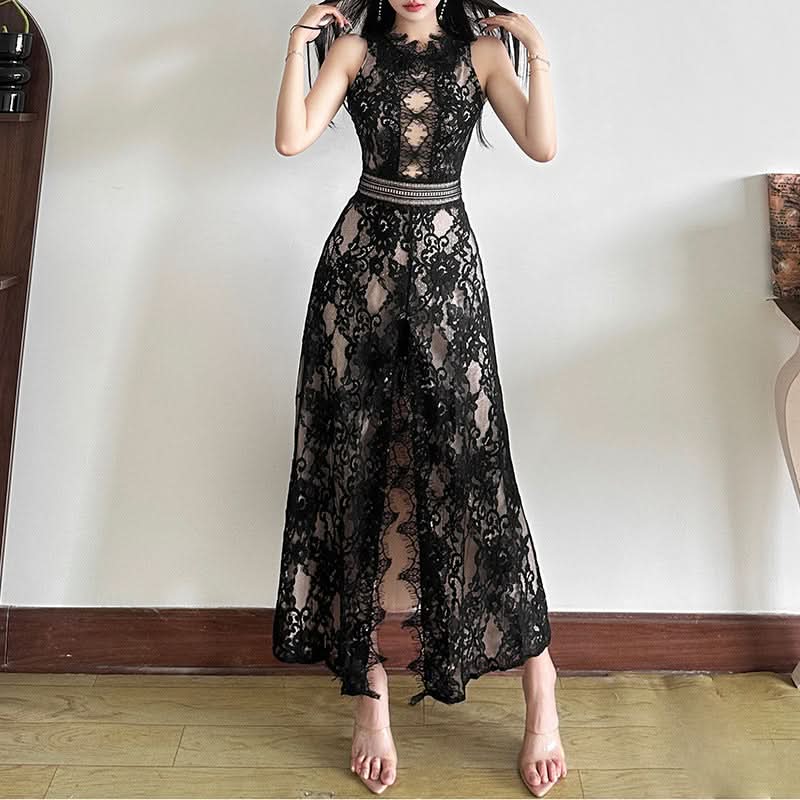 Lace slit zip-up irregular crewneck midi dress  | Festival Outfits Women-final-sale
