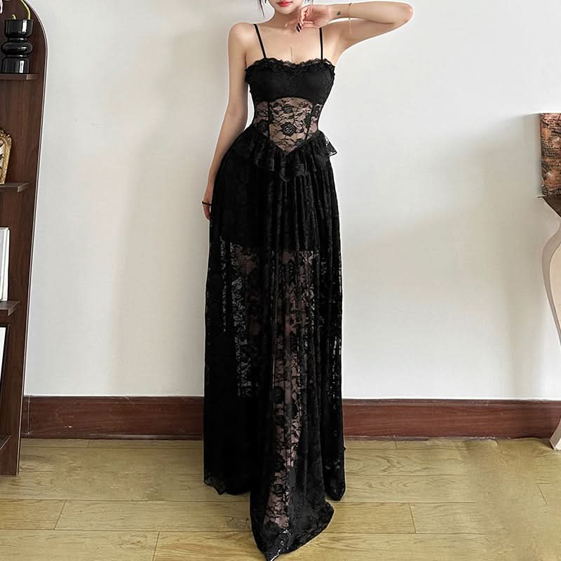 Lace ruffle v neck backless cami maxi dress  | Festival Outfits Women-final-sale