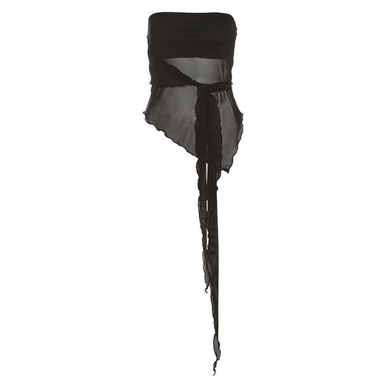 Ruffle irregular mesh backless tube top  | Festival Outfits Women-final-sale
