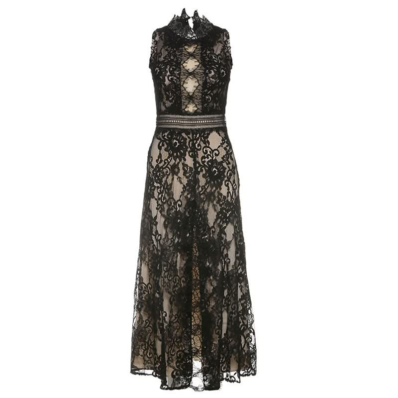 Lace slit zip-up irregular crewneck midi dress  | Festival Outfits Women-final-sale