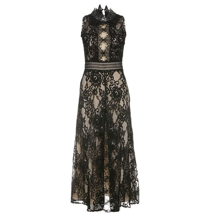 Lace slit zip-up irregular crewneck midi dress  | Festival Outfits Women-final-sale