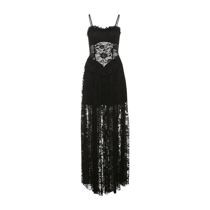 Lace ruffle v neck backless cami maxi dress  | Festival Outfits Women-final-sale