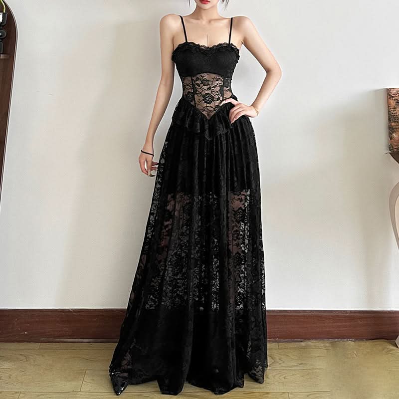 Lace ruffle v neck backless cami maxi dress  | Festival Outfits Women-final-sale